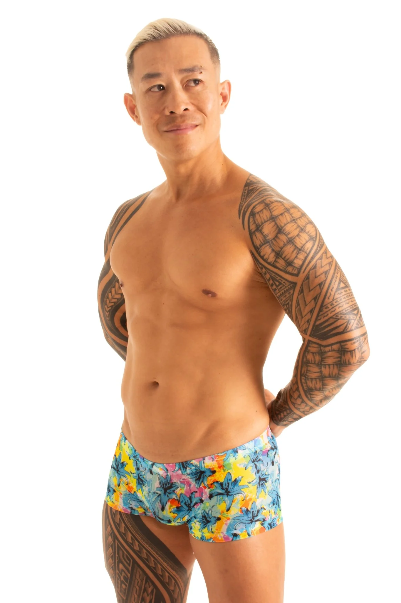M61 - Mens Low Square Cut Swim Trunks - Tan Through - Image 35
