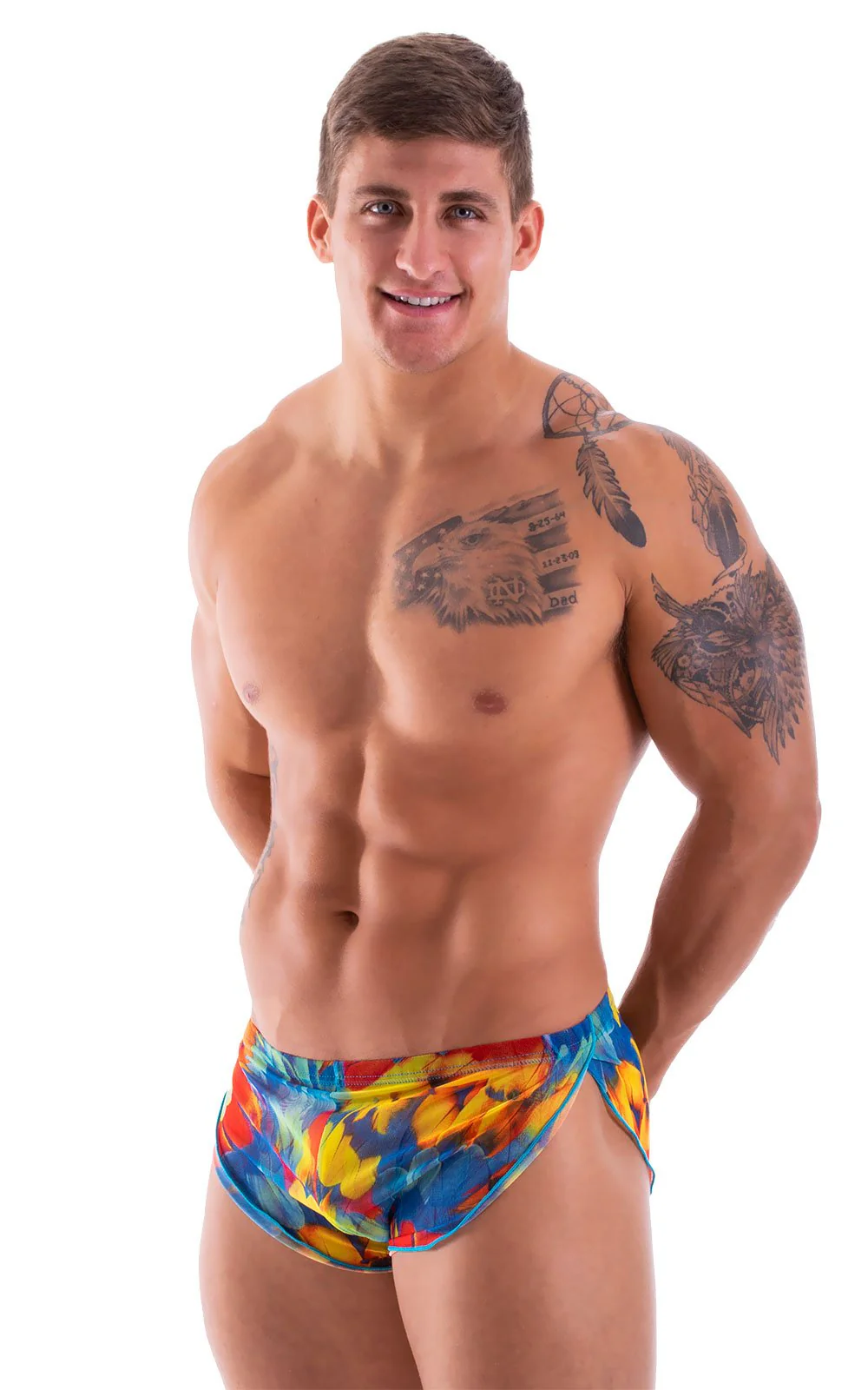 A14 - Mens Swimsuit Cover Up Split Running Shorts - Printed Mesh - Image 14