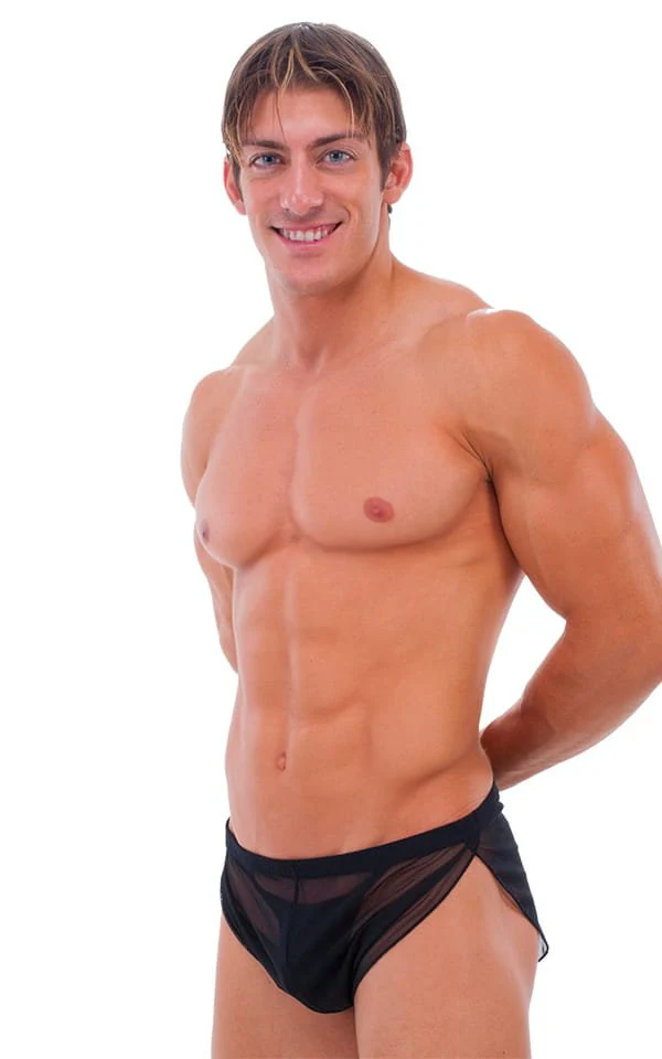 A14 - Mens Swimsuit Cover Up Split Running Shorts - Solid Dark Mesh - Image 4