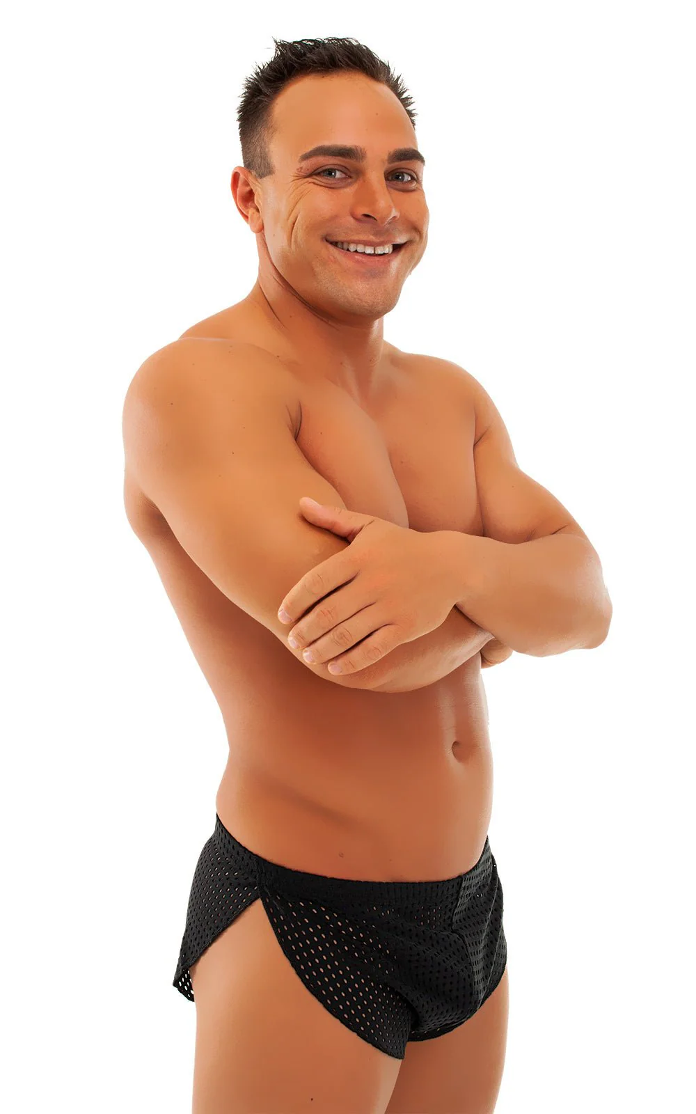 A14 - Mens Swimsuit Cover Up Split Running Shorts - Solid Dark Mesh - Image 7