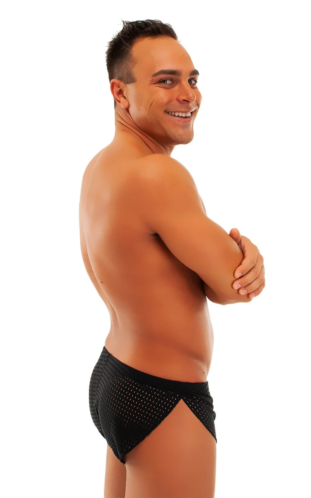 A14 - Mens Swimsuit Cover Up Split Running Shorts - Solid Dark Mesh - Image 8