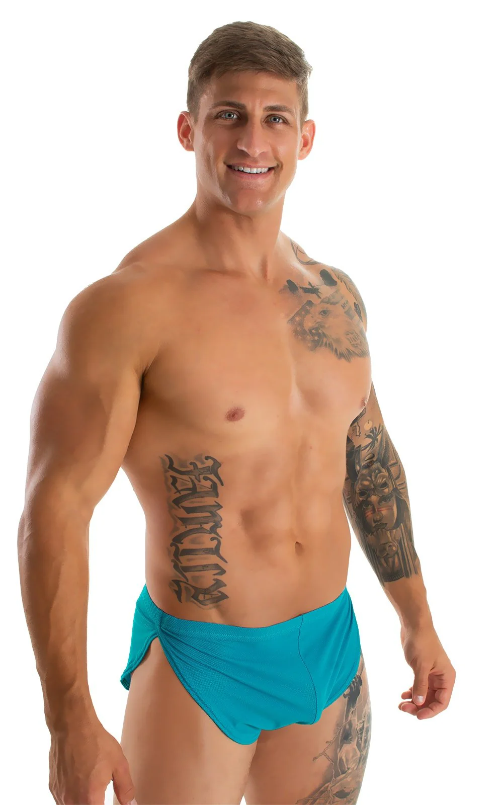 A14 - Mens Swimsuit Cover Up Split Running Shorts - Solid Mesh - Image 24